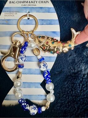 PiperK Articulated Gold Fish Charm Keychain with Blue & White Glass Beaded Strap